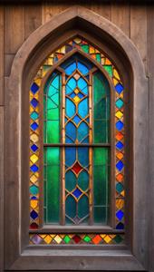 پنجره بلند چوبی با حاشیه شیشه‌های رنگی لوزی شکل ویژه پوستر دیواری عمودی برای راهرو و اتاق نشیمن