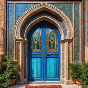 درب آبی فانتزی با شیشه‌های زرد و نارنجی در قاب سنگی مناسب برای پوستر دیواری باغ، ویلا و فضاهای باز