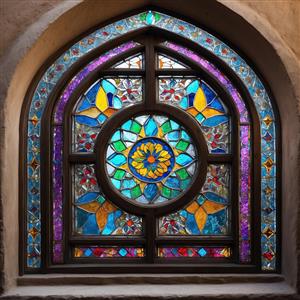 پنجره دایره‌ای با شیشه‌های رنگی بنفش و زرد طرح خورشیدی ایده آل برای چاپ شلف دیواری و پوسترهای گرد