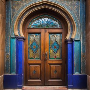 درب ورودی نعل اسبی با کاشی‌کاری آبی و شیشه‌های رنگی برای پوستر دیواری سه بعدی لابی هتل و ویلاهای لوکس