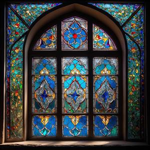 وکتور باکیفیت پنجره اسلیمی با شیشه‌های لاجوردی و فیروزه‌ای جهت چاپ پوستر دیواری سالن پذیرایی و فضاهای مذهبی