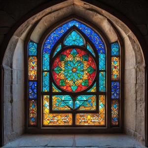 تصویر فتورئالیستیک از پنجره سنتی با شیشه رنگی خورشیدی مناسب برای چاپ روی پرده، کوسن و پوسترهای بزرگ دیواری