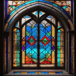 نمای داخلی پنجره مشبک رنگی با نور طبیعی برای چاپ پوستر دیواری در محیط‌های کاری، اتاق کنفرانس و لابی برج‌های مسکونی