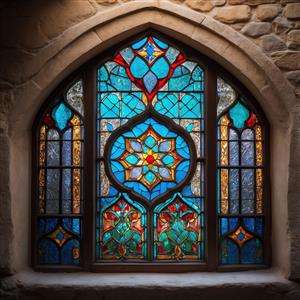 پنجره طاقی با شیشه منقوش و ستاره هشت‌پر سنتی انتخابی عالی برای پوستر دیواری سه بعدی و تابلوهای دکوراتیو اتاق خواب