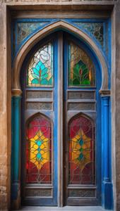 عکس هنری درب چوبی آبی رنگ با قوس جناغی و شیشه‌های تزئینی مناسب برای پوستر دیواری، چاپ روی فرش و روتختی فانتزی