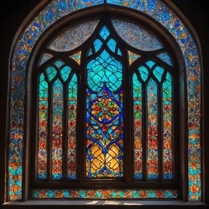 پنجره ارسی با نقش و نگار سنتی ایرانی و شیشه‌های رنگی زیبا جهت استفاده در دکوراسیون داخلی رستوران، هتل سنتی و اتاق مهمان