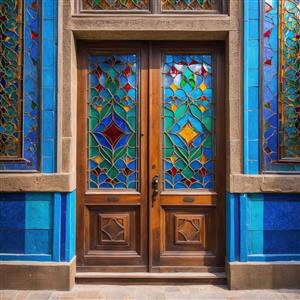 تصویر باکیفیت درب قدیمی عمارت با شیشه‌کاری رنگارنگ هندسی ایده آل برای پوستر دیواری عمودی و دیوارپوش راهرو و کافی‌شاپ