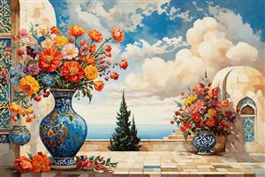 نقاشی آبرنگ گلدان سفالی آبی با گل‌های بهاری شاد ویژه چاپ روی بوم، تابلو دکوراتیو و پرده پانچی اتاق خواب و پذیرایی