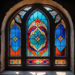 طرح شمسه شیشه‌ای در قاب محرابی با رنگ‌های درخشان مناسب برای پوستر دیواری سقف و دیوارهای شاخص