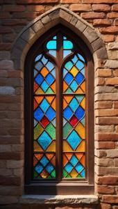 پنجره باریک با طاق رومی و شیشه‌های لوزی رنگارنگ برای چاپ روی شاسی و پوستر دیواری اتاق نشیمن