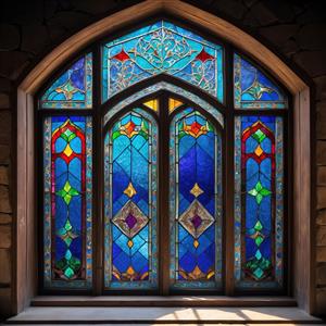 پنجره سه دری با شیشه‌های رنگی و قاب سنگی روستیک برای پوستر دیواری ویلا و رستوران‌های ییلاقی