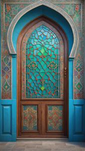 محراب فیروزه‌ای با تزئینات اسلیمی و درب چوبی ظریف ویژه پوستر دیواری سالن‌های کنفرانس و لابی