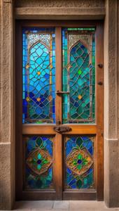 درب دو لنگه با شیشه‌های فیروزه‌ای و نقوش سنتی برای دکوراسیون دفتر کار و پوستر دیواری اتاق مدیریت