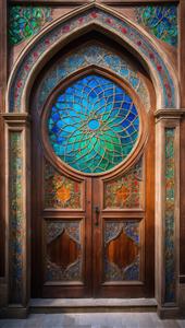 طرح ماندالای شیشه‌ای در قلب درب چوبی لوکس مناسب برای پوستر دیواری تالارها و سالن‌های مجلل