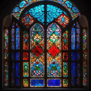 طرح هندسی شیشه منقوش با رنگ‌های گرم و سرد برای چاپ پارچه، پرده و پوستر دیواری سه بعدی اتاق خواب