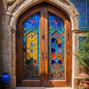 درگاه چوبی عمارت قدیمی با شیشه های رنگی و کاشی‌کاری معرق ویژه پوستر دیواری ورودی هتل‌های سنتی