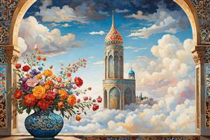 نقاشی سورئال گلدان گل و مناره‌های اسلامی در میان ابرها ویژه پوستر دیواری سقفی و دیوار شاخص سالن پذیرایی