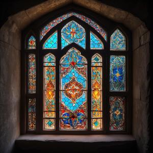 پنجره سنگی قدیمی با نقوش اسلیمی و شیشه‌های رنگی برای دکوراسیون پشت میز پذیرش و پوستر دیواری مدیتیشن