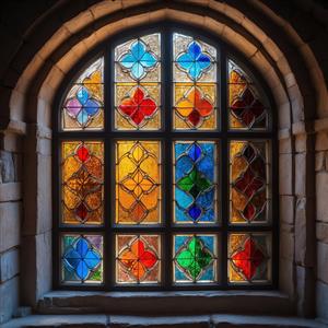 طرح پنجره مشبک با شیشه‌های چهارگوش رنگی و نور ملایم برای چاپ کوسن، رومیزی و پوستر دیواری اتاق کودک