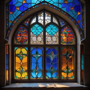 پنجره وسیع با شیشه‌های موزاییکی رنگارنگ و طرح گل گندم مناسب برای پرده چاپی و پوستر دیواری اتاق نشیمن