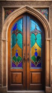 درب چوبی لوکس با شیشه‌های ویترای اسلیمی و حکاکی روی چوب برای تابلوهای تزئینی و پوستر دیواری ورودی عمارت