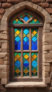 پنجره قدیمی با شیشه‌های رنگی سنتی و قاب سنگی روستیک مناسب برای پوستر دیواری پذیرایی و اتاق خواب