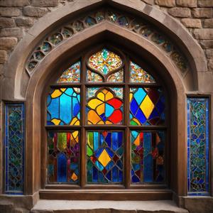 پوستر دیواری طرح پنجره مشبک با شیشه‌های چندرنگ جادویی برای تزیین دیوار کافه و رستوران