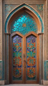 تصویر هنری درب چوبی با گل‌های شیشه‌ای اسلیمی ویژه چاپ پوستر دیواری عریض پشت تختخواب