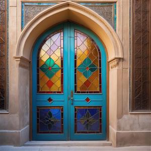 پوستر دیواری مدرن طرح درب فیروزه‌ای با قاب‌بندی آجری و شیشه‌های لوزی برای راهرو و دفتر کار