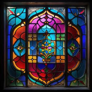 تصویر پنجره اسلیمی قرینه با رنگ‌های بنفش و فیروزه‌ای برای پوستر دیواری و قاب دکوراتیو اتاق خواب مستر