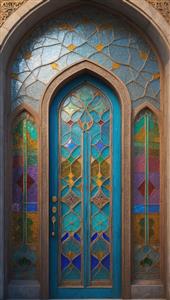 طرح خاص درب آبی فیروزه‌ای با شیشه‌های رنگی برای پوستر دیواری اماکن مذهبی و خانه‌های بوم‌گردی