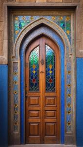 تصویر درب قدیمی با کادربندی آبی و شیشه‌های مشبک برای چاپ پرده تصویری و پوستر دیواری اتاق خواب