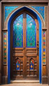 طرح عمودی پوستر سه بعدی درب کلاسیک چوبی با شیشه‌کاری سبز و آبی ویژه نصب در اتاق خواب و راهرو