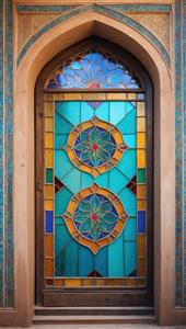 پوستر دیواری سه بعدی طرح درب تک لنگه با شیشه‌های فیروزه‌ای و نقوش ماندالا