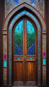 پوستر دیواری طرح درب چوبی تیره با کتیبه‌های شیشه‌ای رنگی ویژه اتاق مدیریت و دفتر کار