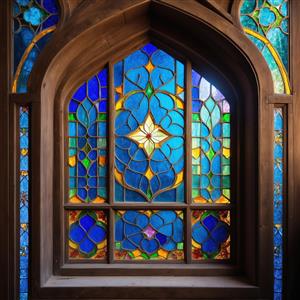 تصویر پنجره با نورهای خیره‌کننده و شیشه‌های طرح اسلیمی برای قاب‌های دکوراتیو و دیوارپوش