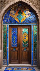 پوستر دیواری ورودی باشکوه با طاق مقرنس و شیشه‌های آبی ویژه سالن‌های تشریفات و هتل