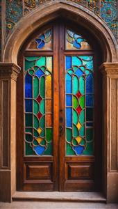 درب ورودی مجلل با تزیینات کاشیکاری و شیشه رنگی ویژه پوستر دیواری پشت میز پذیرش و لابی