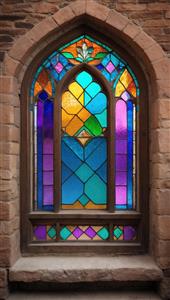 پنجره سنتی با قوس جناغی و شیشه‌های رنگی مناسب قاب دکوراتیو و پوستر دیواری اتاق کودک و مهدکودک