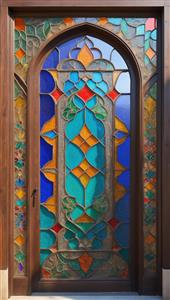 طرح عمودی درب شیشه‌ای رنگارنگ اسلیمی برای چاپ پوستر دیواری پذیرایی و ورودی ویلا