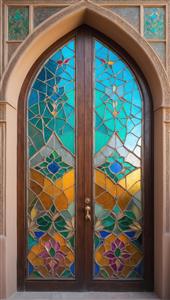 طرح در چوبی با شیشه‌های رنگی سنتی و گره چینی برای پوستر دیواری سه بعدی و دکوراسیون رستوران سنتی