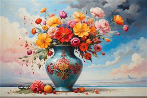 گلدان اسلیمی با گل‌های خورشیدی و آسمان دراماتیک مناسب برای پوستر دیواری اداری و اتاق کنفرانس