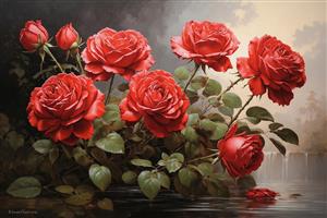 نقاشی با شکوه گل‌های رز قرمز روی آب با نمای آبشار برای پوستر دیواری پذیرایی و اتاق خواب بزرگسال