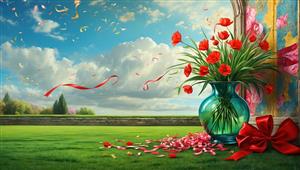 تصویر رویایی دشت سبز و گلدان شیشه‌ای با گل‌های قرمز ایده‌آل برای پوستر دیواری اتاق کودک و نوزاد
