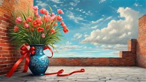 گلدان سنتی آبی با گل‌های شاداب در فضای تراس آجری مناسب برای پوستر دیواری پذیرایی و اتاق خواب