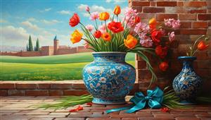 گلدان سفالی سنتی با گل‌های رنگارنگ و منظره قلعه قدیمی مناسب پوستر دیواری پذیرایی و اتاق خواب بزرگسال