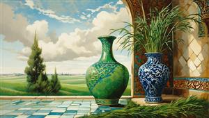 پوستر دیواری منظره عمارت سنتی با گلدان‌های فیروزه‌ای و گیاهان سبز برای دکوراسیون رستوران، ویلا و فضاهای نیمه‌باز