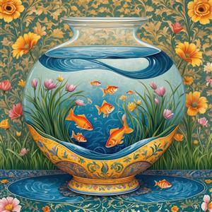 پوستر سه بعدی تنگ ماهی و گل‌های صورتی بهاری با حاشیه تزیینی برای دکور لابی مجتمع‌های مسکونی و چاپ روی کاغذ دیواری