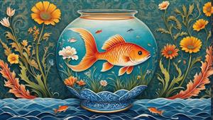 پوستر دیواری عریض با طرح تک ماهی قرمز بزرگ و موج‌های آبی هنری ویژه سالن‌های آرایش، جیم و فضاهای مدرن اداری