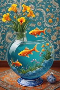 پوستر سه بعدی فانتزی ماهی قرمز در تنگ شیشه‌ای با پس‌زمینه اسلیمی آبی برای دکوراسیون اتاق کودک و تولید فرش چاپی